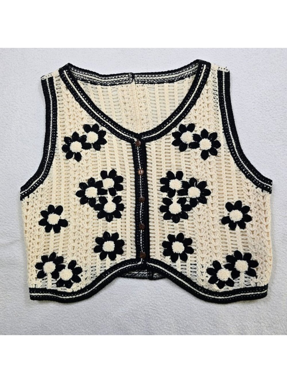 Boho Cottage Core Lg Crochet Daisy Vest Sleeveless Open Knit Cream Black Floral